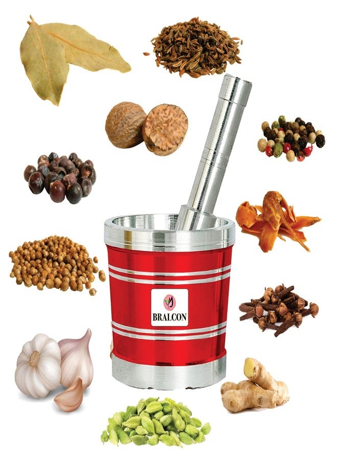 BRALCON Red Khalbatta for Kitchen | Okhli Masher | Morter & Pestle Set | Aluminium Khalbatta | Imam Dasta, Spice Mixer, khaldasta, okhli Masher, Kharal, okhli & musal - Image 4